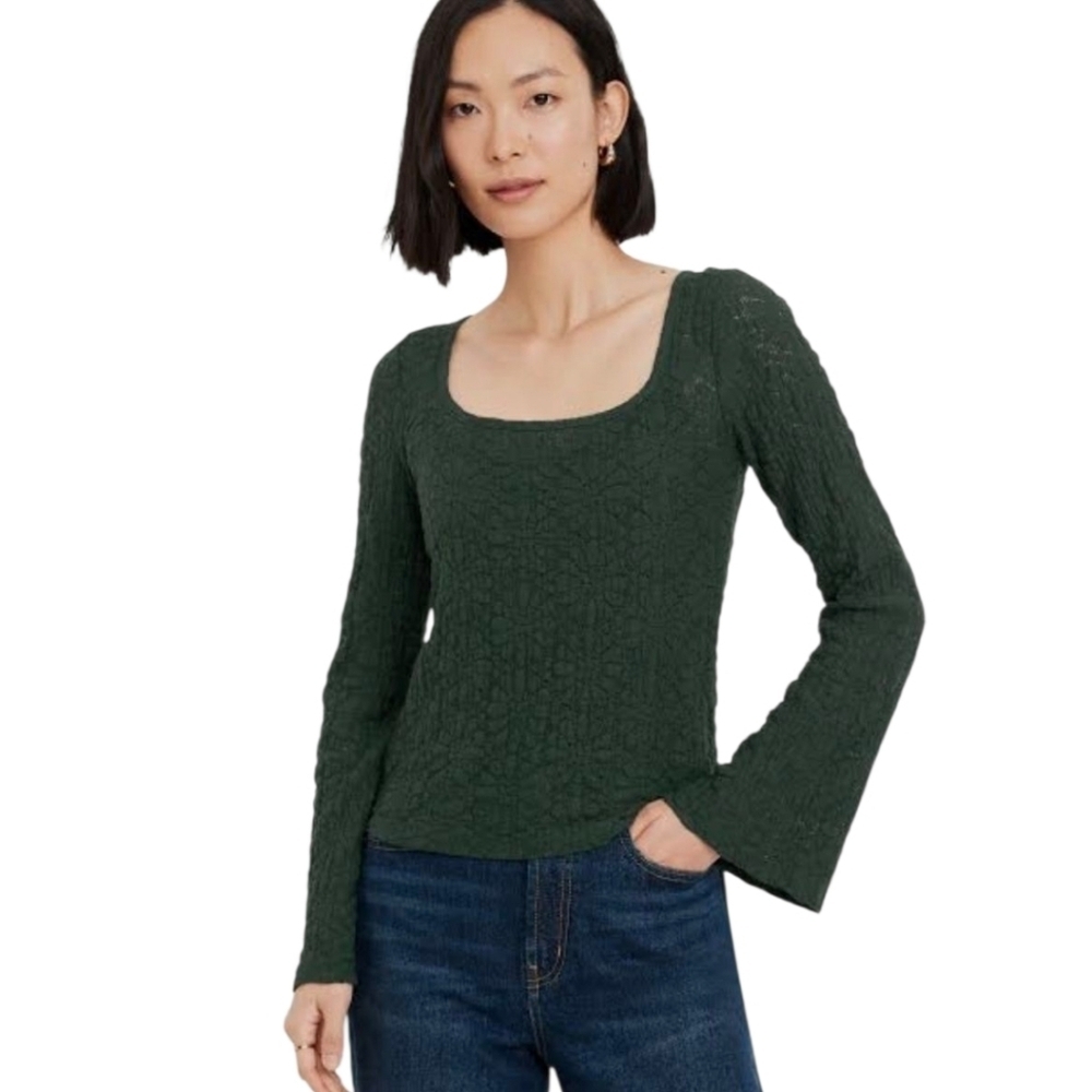 Old Navy Textured Floral Lace Scoop Neck Top Bell Long Sleeve Green Size Large